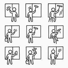Window Cleaning Activities - Line Art Vector Icons