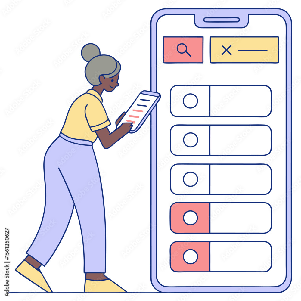 Poster woman with bun holding a mobile phone next to a large mobile phone displaying a search and filter op
