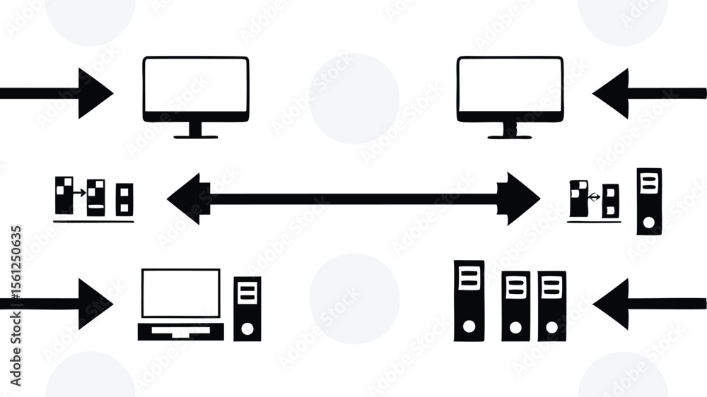 Poster illustration of network communication with computers servers and directional arrows showing data flo