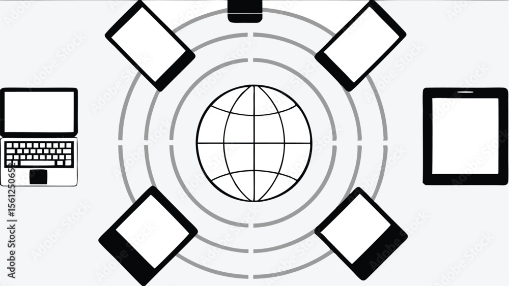 Poster devices surrounding a globe with wifi signals showing connectivity and global communications network