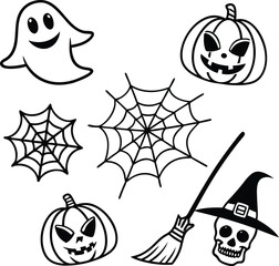 “Cute Halloween Icons Featuring Ghost, Pumpkin, Spider Web, Witch Hat and Skull”