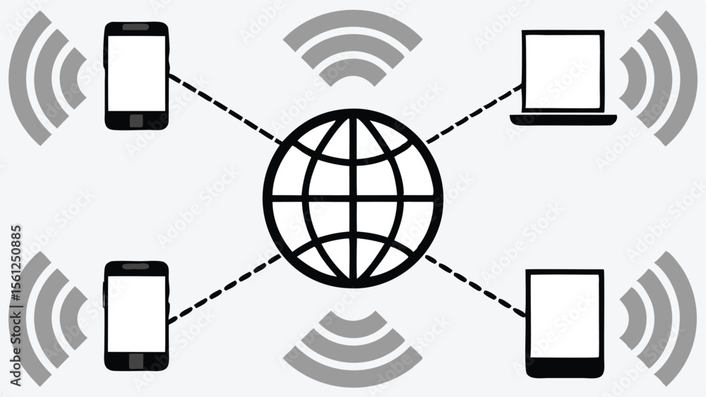 Poster devices connected to a globe with wifi signals illustrating network connectivity and communication f