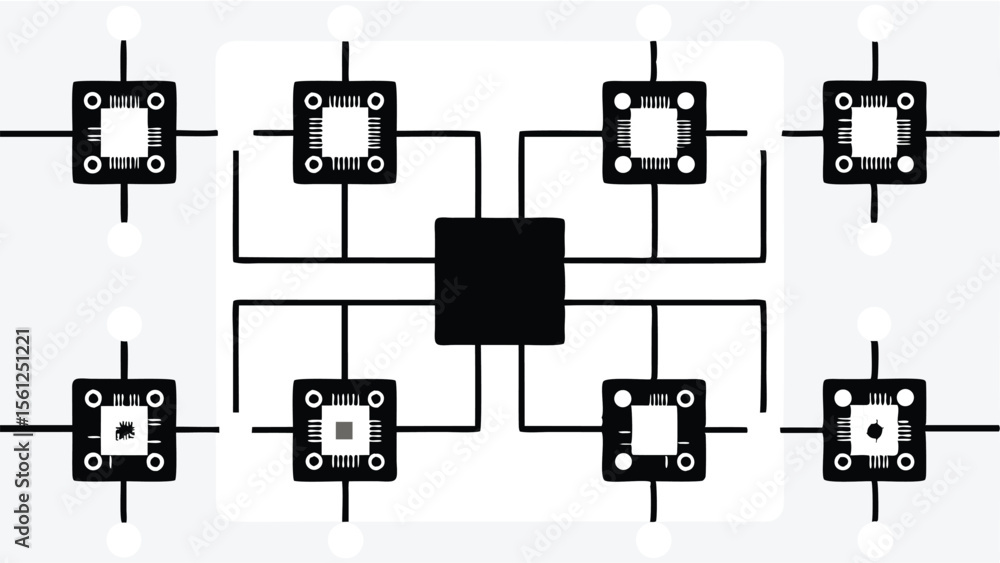 Poster illustration of a network with a central node connected to eight peripheral processing units