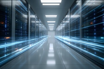 Fototapeta premium A long corridor in the middle of which there is an endless row of server racks with glowing blue lights, with light streaks and speed lines around them. 