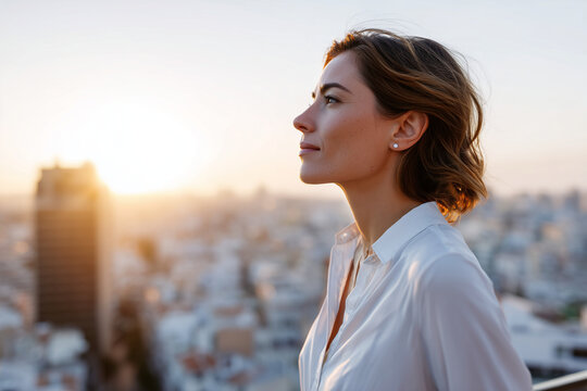 Business woman looking over the city at sunrise