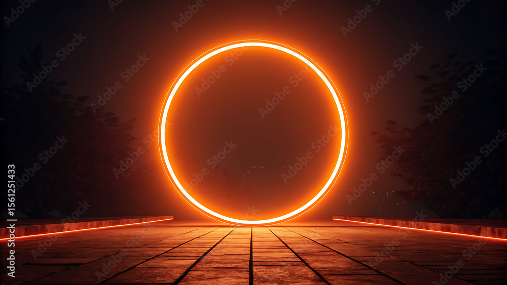 Poster a glowing orange circle portal on a tiled floor in a dark and mysterious environment setting scene