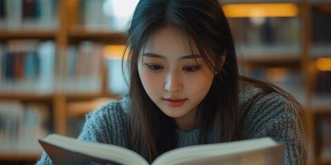 Female Asian student reading a book in the library, focusing on her studies, Generative AI