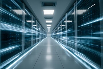Fototapeta premium A long corridor in the middle of which there is an endless row of server racks with glowing blue lights, with light streaks and speed lines around them. 