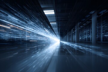 Obraz premium A long corridor in the middle of which there is an endless row of server racks with glowing blue lights, with light streaks and speed lines around them. 