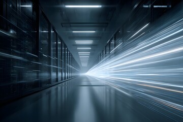 Obraz premium A long corridor in the middle of which there is an endless row of server racks with glowing blue lights, with light streaks and speed lines around them. 