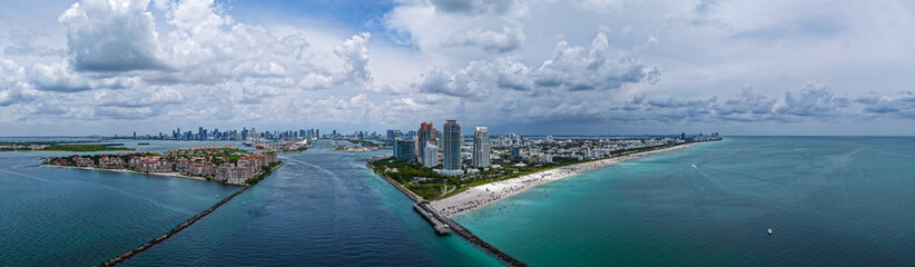 Aerial panorama of Miami Beach coastline. Stunning Miami skyline panorama. Drone panoramic view of...
