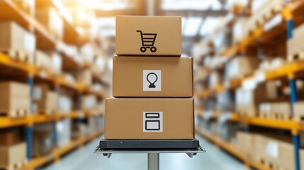 Cloud Warehouse Management Software Concept. Stacked cardboard boxes with symbols in modern warehouse storage environment
