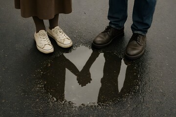 Reflection of a Couple Holding Hands in a Puddle on Asphalt Ground Surface