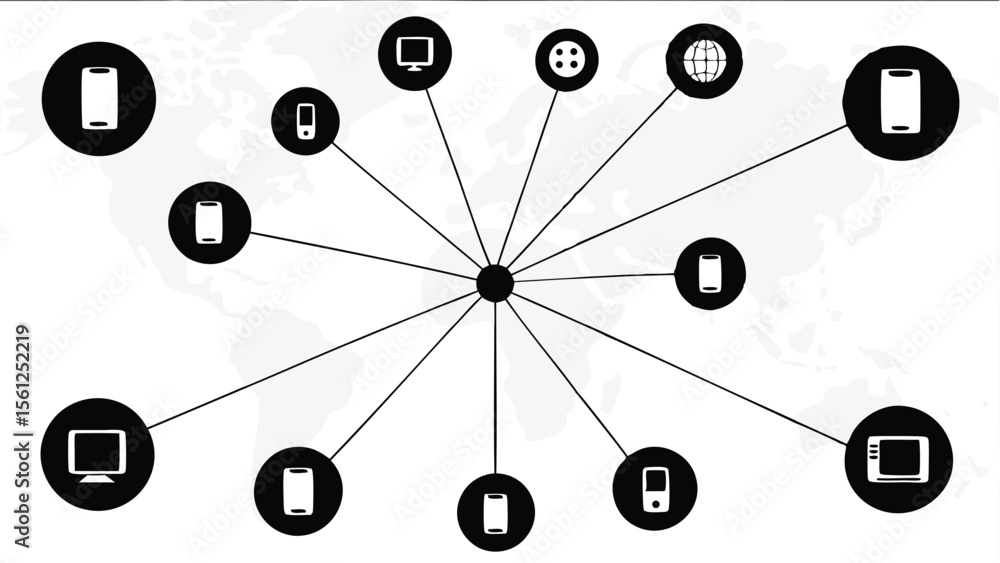 Poster networked devices connected to a central node over a world map backdrop in black and white style