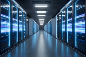 
A long corridor in the middle of which there is an endless row of server racks with glowing blue lights, with light streaks and speed lines around them. 