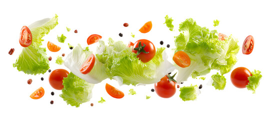 Significance of salad ingredients, flying vegetables and tomato slices isolated on a transparent background