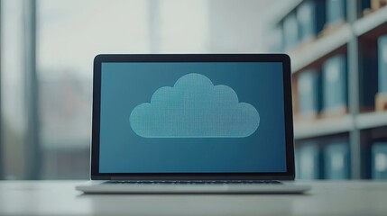 Cloud Warehouse Management Software Concept. Cloud Computing Concept on Laptop Display in Modern Office Environment