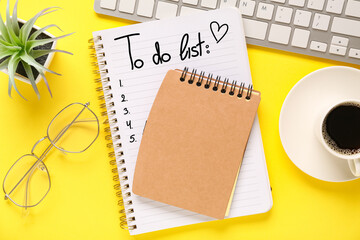 Notebook with blank to-do list, PC keyboard, coffee and glasses on yellow background