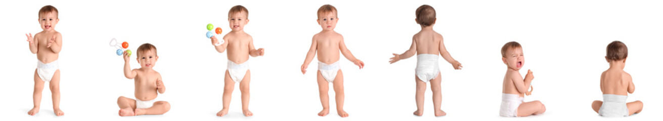 Collage of cute baby on white background