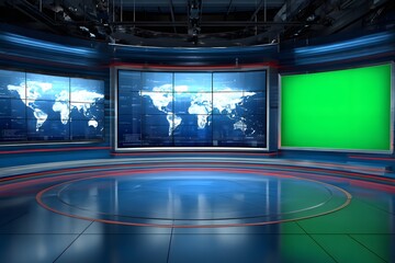 
A news studio set with large screens displaying global events and breaking news, along with people's happy moments, 