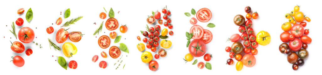 Set of fresh tomatoes and spices on white background, top view