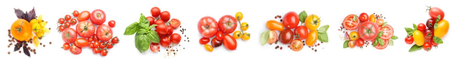 Set of fresh tomatoes and spices on white background, top view