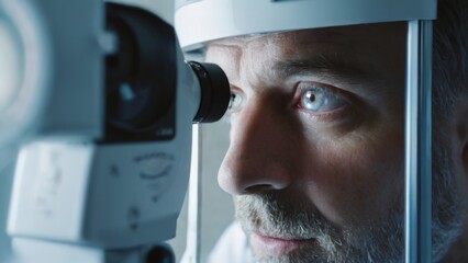 Closeup of man undergoing eye examination with slit lamp in optometrist's office, highlighting features with soft focus background.