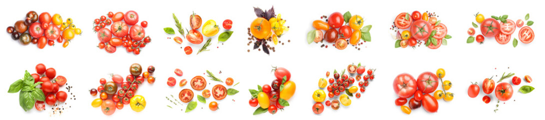 Set of many fresh tomatoes and spices on white background, top view