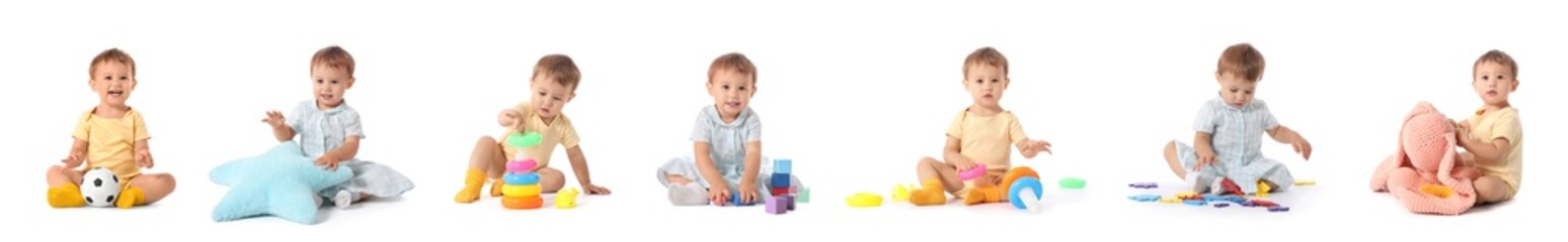 Collage of cute baby girl on white background