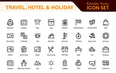 Travel outline icons set. Travel, hotel, holiday, tourism, beach, plane, map, agent and insurance. Booking, reservation, room, airport, accommodation.