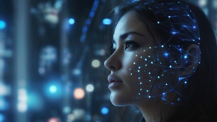 Futuristic woman with closed eyes, head tilted, cityscape background; head adorned with circuit board interface for tech concept.