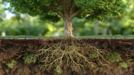 3D illustration of a tree showing clear and distinct sections of roots, trunk, and leaves