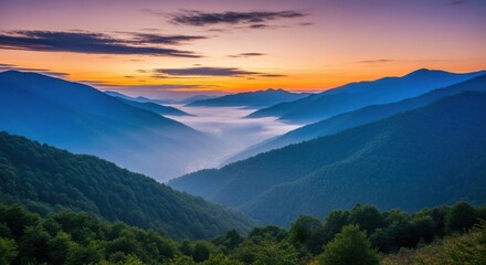 Majestic Mountain Range Sunrise With Morning Mist and Lush Greenery