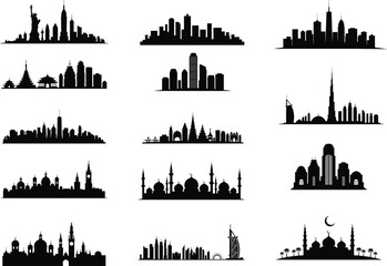 Diverse City Skyline Silhouettes Collection Featuring Global Landmarks and Architectural Styles silhouette