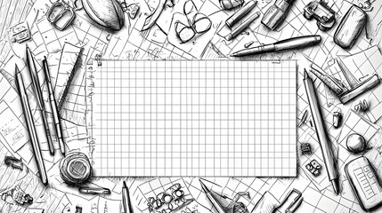 School office supplies, Back to school horizontal banner, doodle on checkered paper background