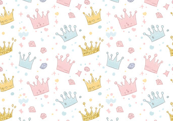 Watercolor Crowns Pattern Pink Gold and Blue Crowns on White Background.