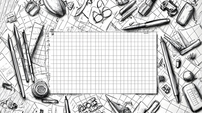 School office supplies, Back to school horizontal banner, doodle on checkered paper background