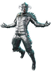 3D render of fantasy warrior in detailed silver armor with horns and spikes, in a fierce battle pose. His engraved battle suit and powerful stance evoke aggression and intimidation. 3D Illustration