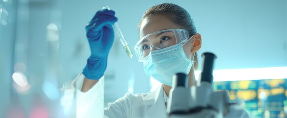 The scientist examining a test tube in a modern laboratory setting.