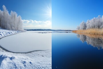Winter landscape transformation frozen lake and clear water nature photography bright blue sky peaceful environment