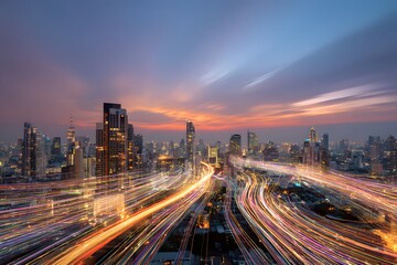 A wide shot of the Bangkok cityscape at sunset, with colorful light trails and digital lines connecting buildings across the horizon,