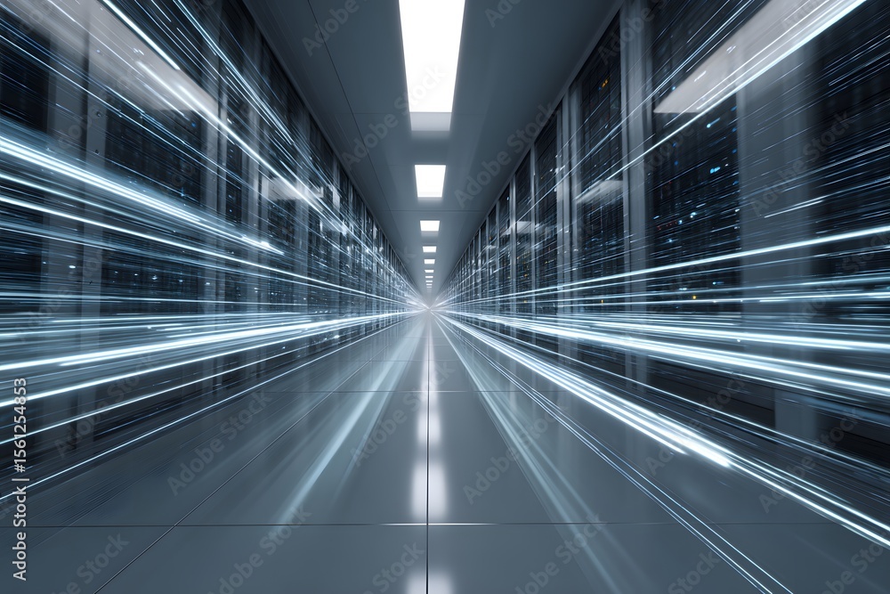 Poster a wide-angle view of an advanced data center with glowing blue and white light streaks representing 