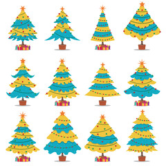 Illustration of festive Christmas trees featuring bright ornaments, star toppers, and gifts. Showcasing seasonal cheerfulness and holiday spirit, this design is perfect for winter and festive-themed
