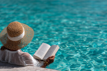 Young woman wearing straw hat reading a book near turquoise pool,