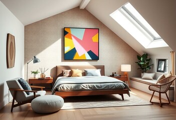 Mid-century modern bedroom with pop art painting