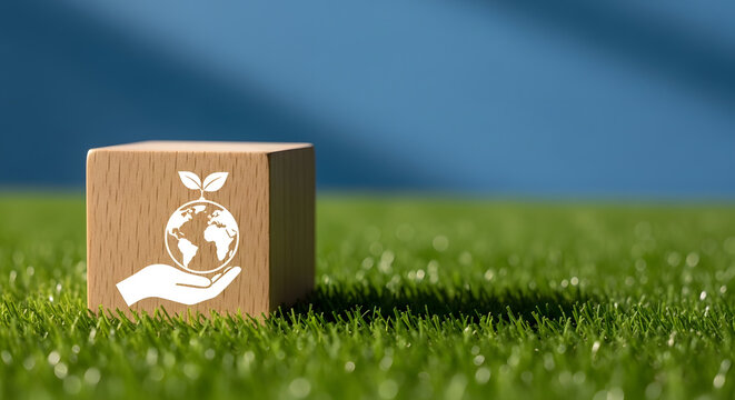Wooden block with earth and hand symbol on green grass, representing environmental care and sustainable living mindset