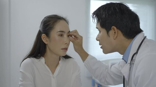Doctor examining a female patient's face for abnormalities or skin conditions in a medical office