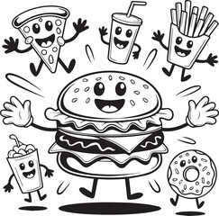 Fast food cartoon characters vector set with burger pizza fries donut and drinks in playful style