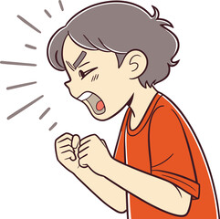 Cartoon boy in orange shirt shouting angrily with fists clenched and expressive face full of rage and intensity