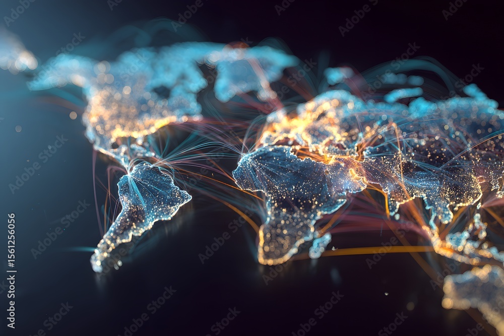 Poster a world map with colorful lines connecting different countries, representing global data transfer an